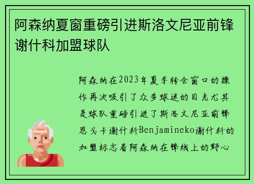 阿森纳夏窗重磅引进斯洛文尼亚前锋谢什科加盟球队 阿森纳夏窗重磅引进斯洛文尼亚前锋谢什科加盟球队